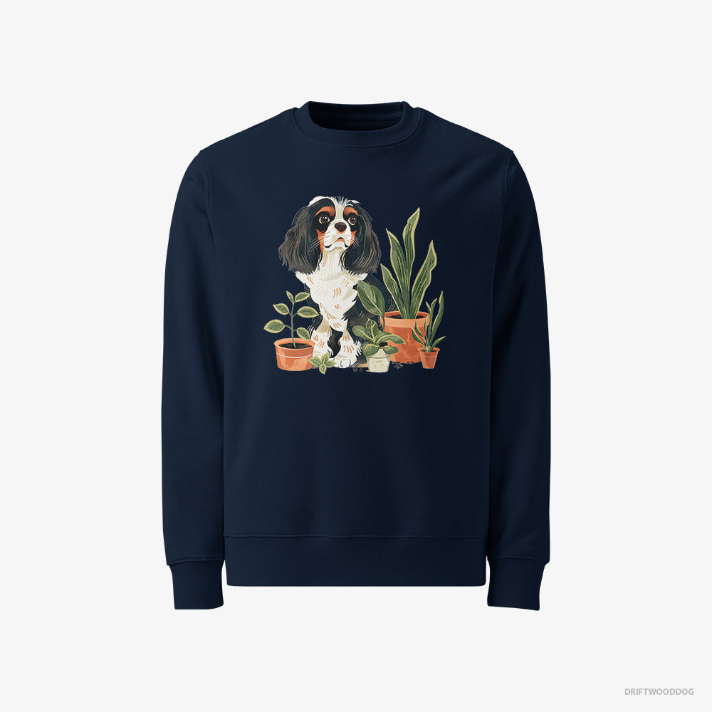 Cavalier King Charles Spaniel Sweatshirt – Men Navy Sweatshirt Classic – Admiring the Greenery (on White Background)