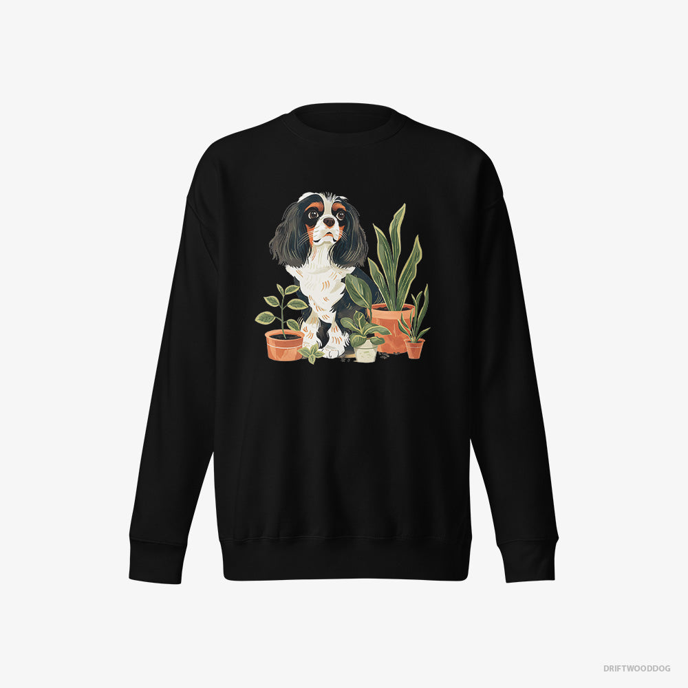 Cavalier King Charles Spaniel Sweatshirt – Women Black Sweatshirt Eco-Friendly – Admiring the Greenery (on White Background)