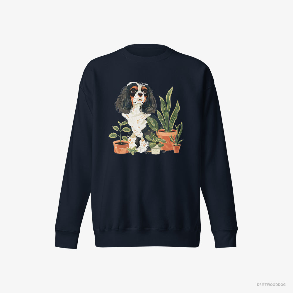 Cavalier King Charles Spaniel Sweatshirt – Women Navy Sweatshirt Eco-Friendly – Admiring the Greenery (on White Background)