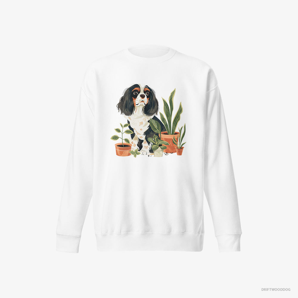 Cavalier King Charles Spaniel Sweatshirt – Men White Sweatshirt Eco-Friendly – Admiring the Greenery (on White Background)