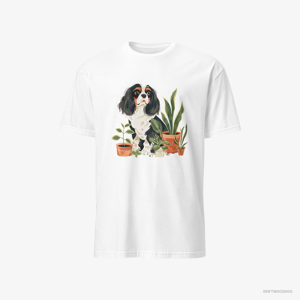 Cavalier King Charles Spaniel T-Shirt – Men White T-Shirt Classic – Admiring the Greenery (on White Background)