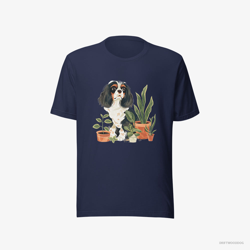 Cavalier King Charles Spaniel T-Shirt – Men Navy T-Shirt Eco-Friendly – Admiring the Greenery (on White Background)