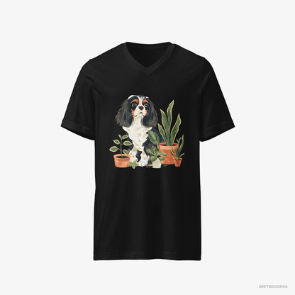 Cavalier King Charles Spaniel T-Shirt – Men Black T-Shirt V-Neck – Admiring the Greenery (on White Background)