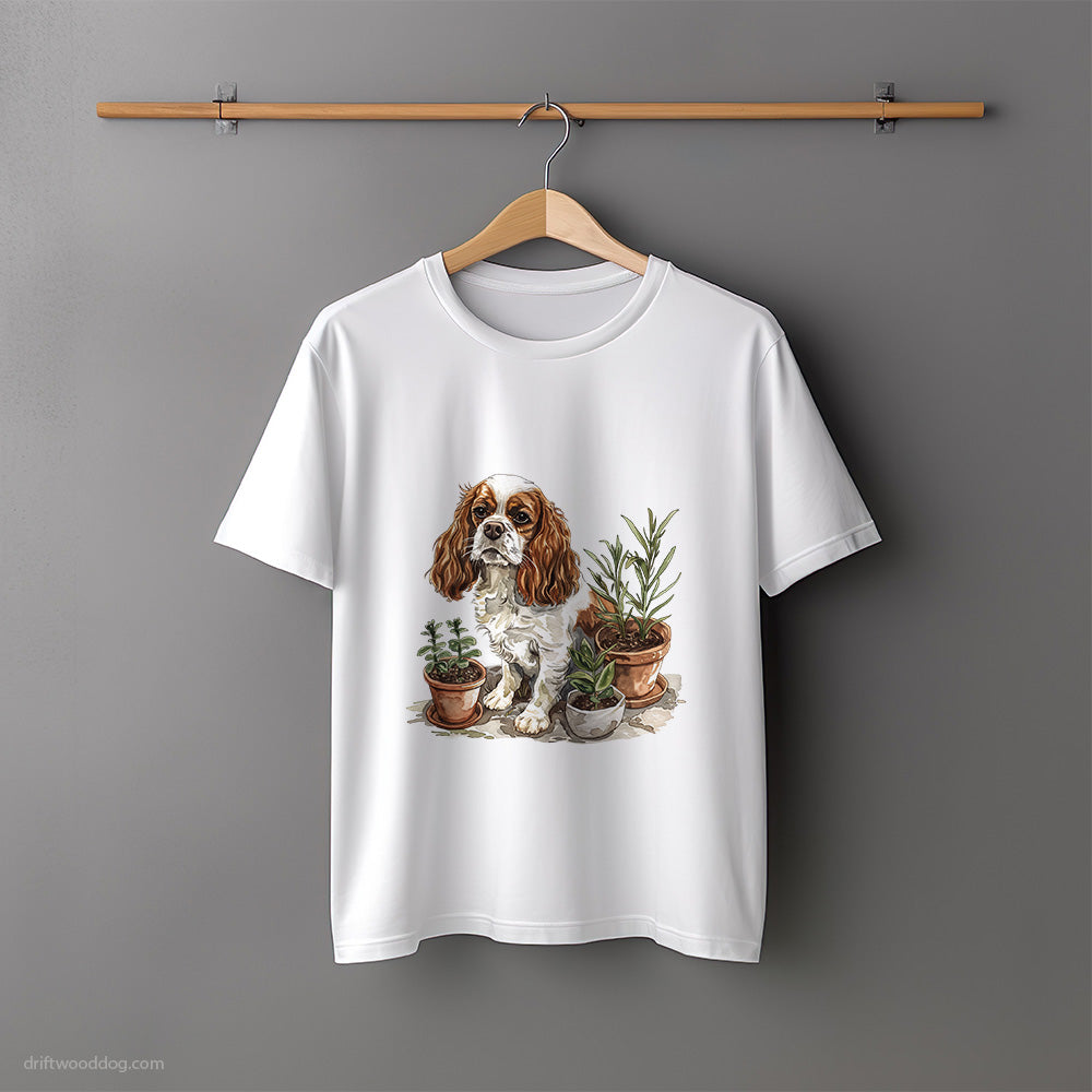 Cavalier King Charles Spaniel Sitting by Plant Pots T-Shirt – Unisex Tee for Dog Lovers