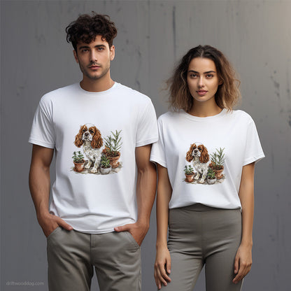 Cavalier King Charles Spaniel Sitting by Plant Pots T-Shirt – Unisex T-Shirt for Dog Lovers 