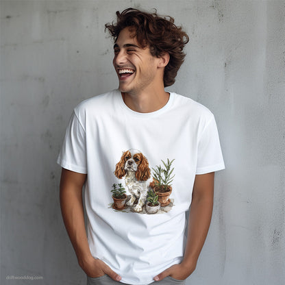 Cavalier King Charles Spaniel Sitting by Plant Pots T-Shirt – Dog T-Shirt for Men