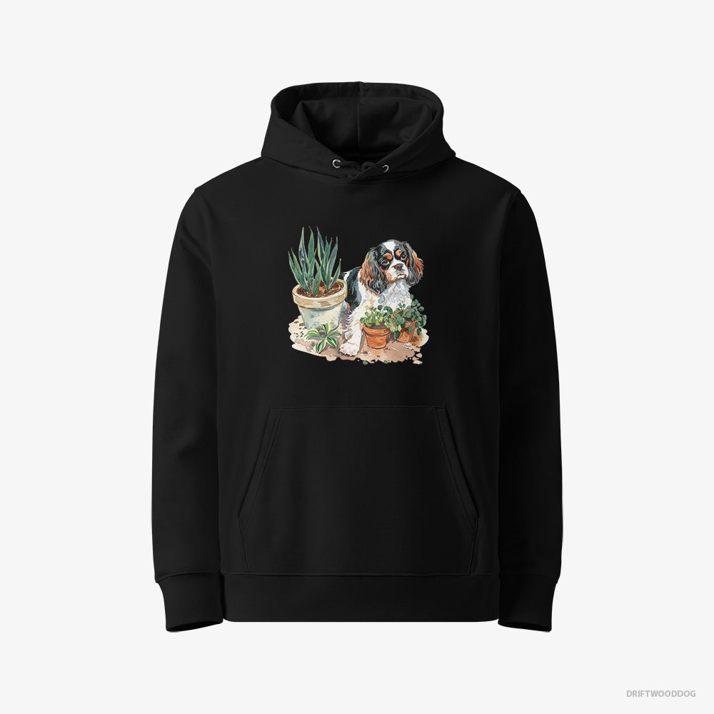 Cavalier King Charles Spaniel Hoodie – Women Black Hoodie Eco-Friendly – Repotting Plants (on White Background)