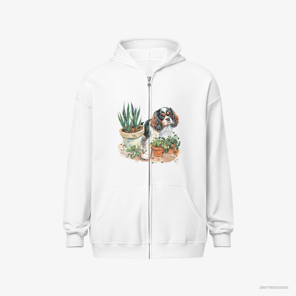 Cavalier King Charles Spaniel Hoodie – Men White Hoodie Full-Zip – Repotting Plants (on White Background)