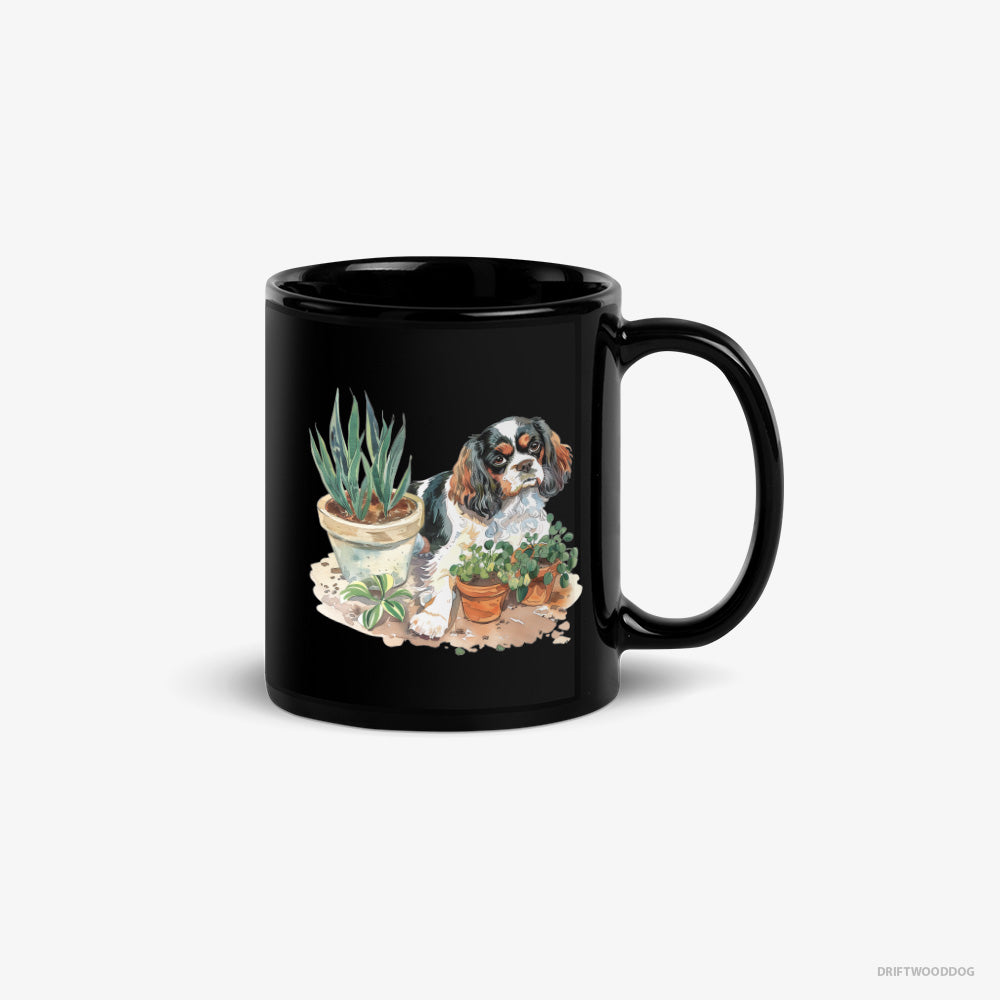 Cavalier King Charles Spaniel Mug – Unisex Black Mug Classic – Repotting Plants (on White Background)