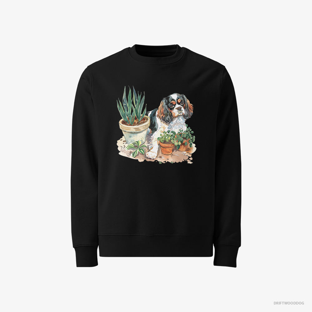 Cavalier King Charles Spaniel Sweatshirt – Men Black Sweatshirt Classic – Repotting Plants (on White Background)