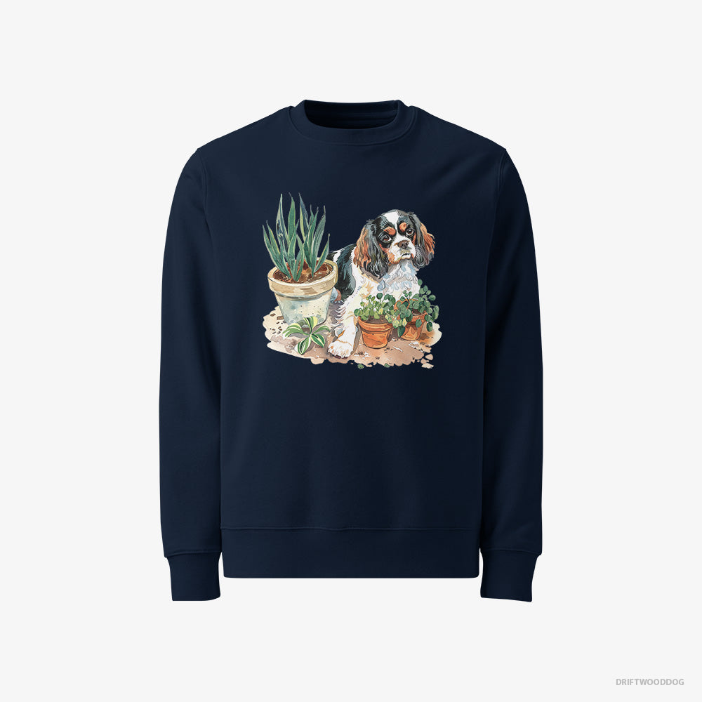 Cavalier King Charles Spaniel Sweatshirt – Men Navy Sweatshirt Classic – Repotting Plants (on White Background)