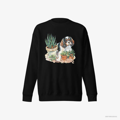 Cavalier King Charles Spaniel Sweatshirt – Men Black Sweatshirt Eco-Friendly – Repotting Plants (on White Background)