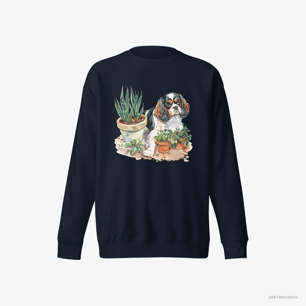 Cavalier King Charles Spaniel Sweatshirt – Women Navy Sweatshirt Eco-Friendly – Repotting Plants (on White Background)