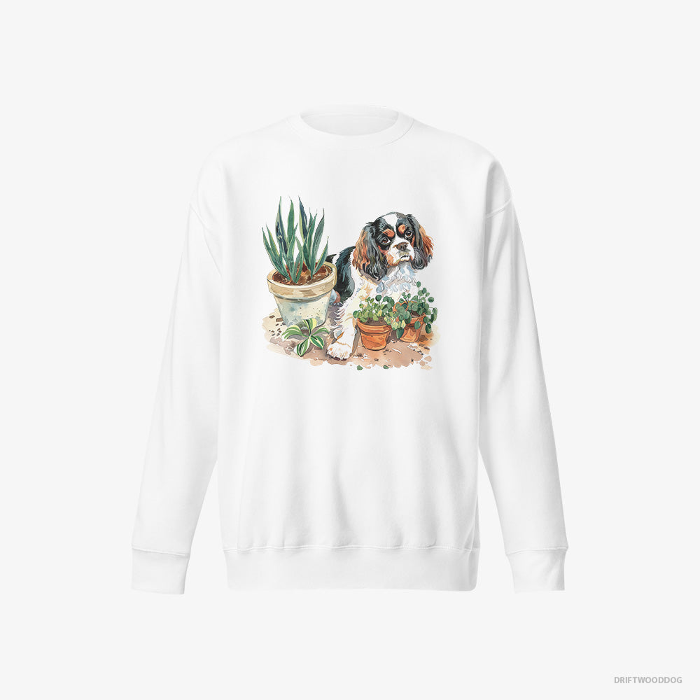 Cavalier King Charles Spaniel Sweatshirt – Women White Sweatshirt Eco-Friendly – Repotting Plants (on White Background)