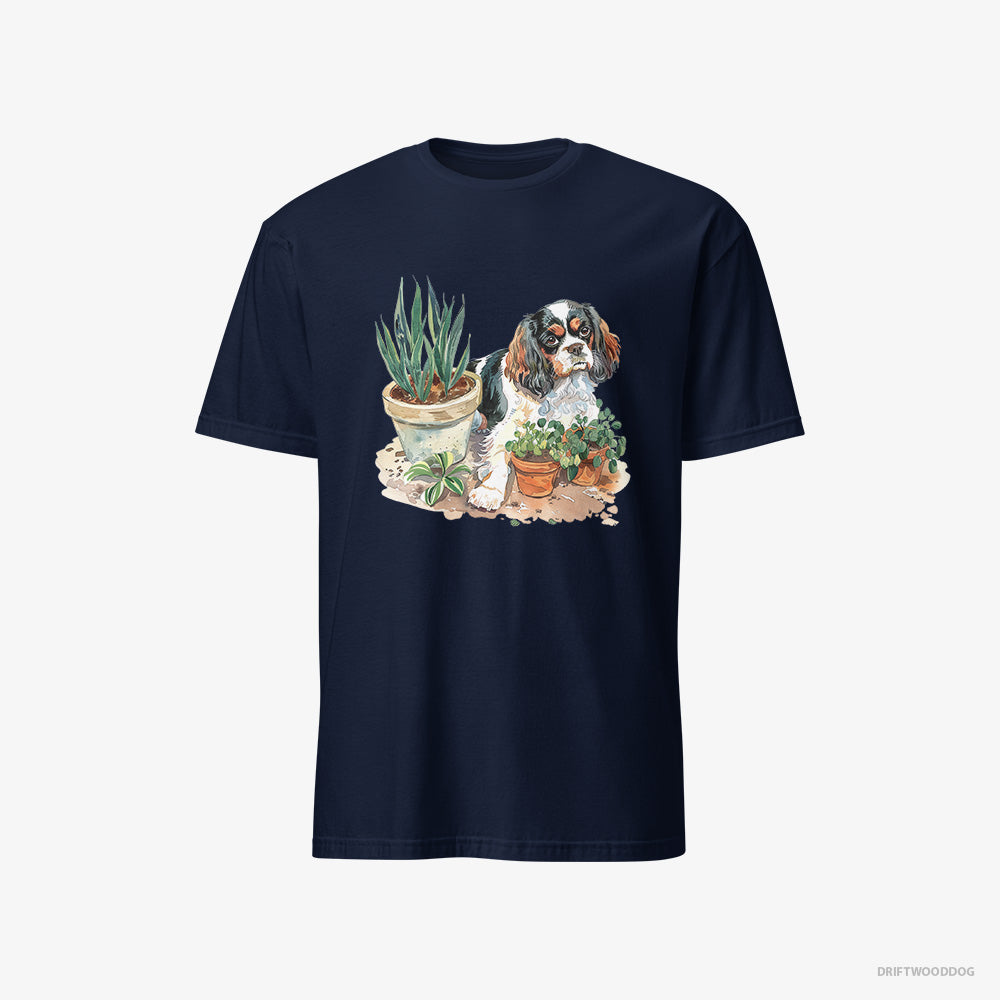 Cavalier King Charles Spaniel T-Shirt – Men Navy T-Shirt Classic – Repotting Plants (on White Background)