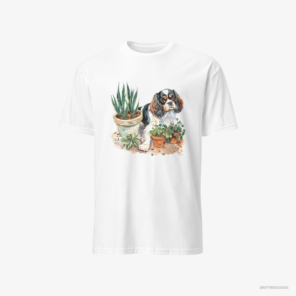 Cavalier King Charles Spaniel T-Shirt – Men White T-Shirt Classic – Repotting Plants (on White Background)