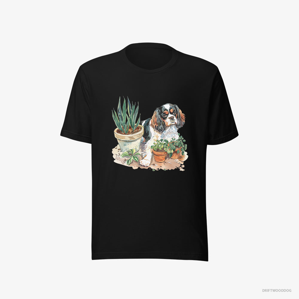 Cavalier King Charles Spaniel T-Shirt – Men Black T-Shirt Eco-Friendly – Repotting Plants (on White Background)