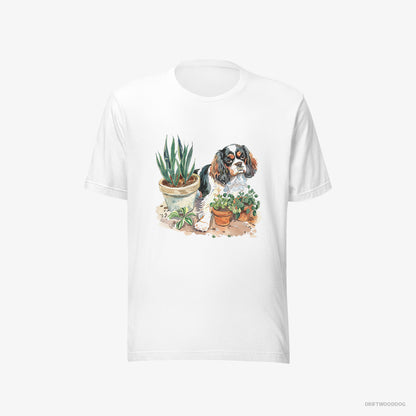 Cavalier King Charles Spaniel T-Shirt – Men White T-Shirt Eco-Friendly – Repotting Plants (on White Background)