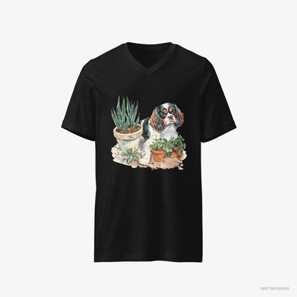 Cavalier King Charles Spaniel T-Shirt – Men Black T-Shirt V-Neck – Repotting Plants (on White Background)