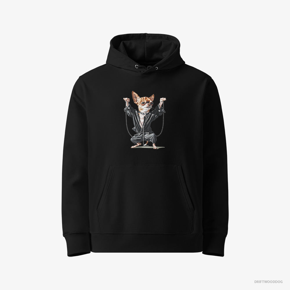 Chihuahua Hoodie – Women Black Hoodie Eco-Friendly – in a Techno Frenzy (on White Background)