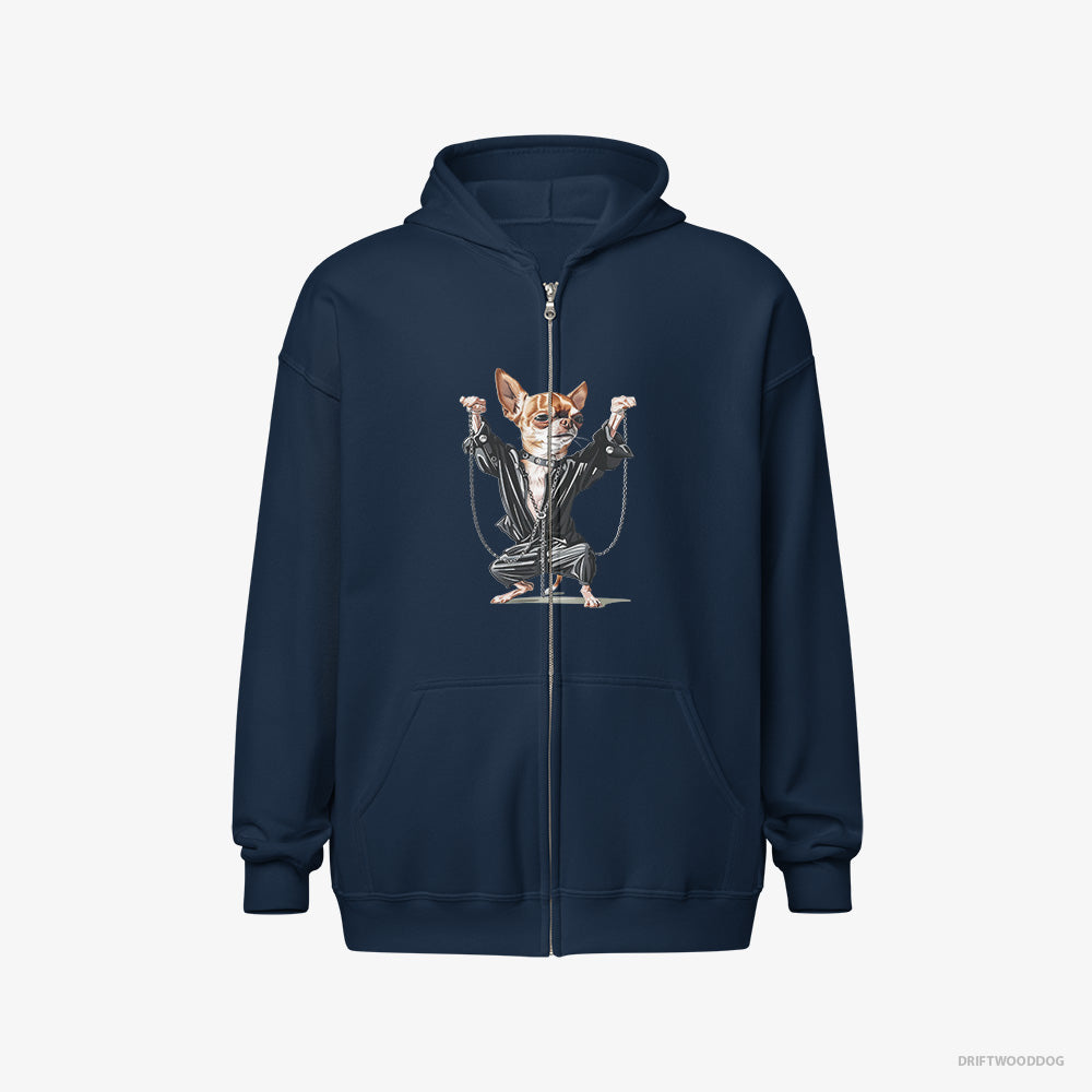 Chihuahua Hoodie – Men Navy Hoodie Full-Zip – in a Techno Frenzy (on White Background)