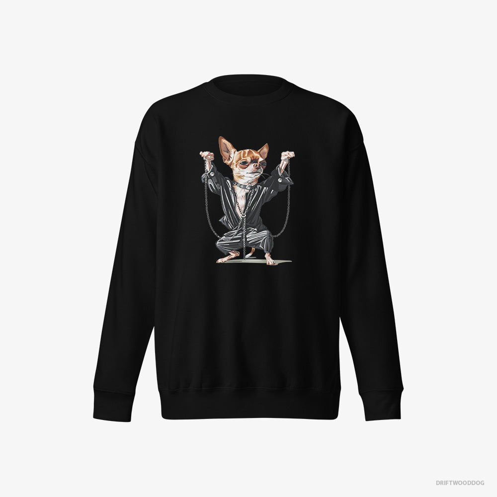 Chihuahua Sweatshirt – Women Black Sweatshirt Eco-Friendly – in a Techno Frenzy (on White Background)