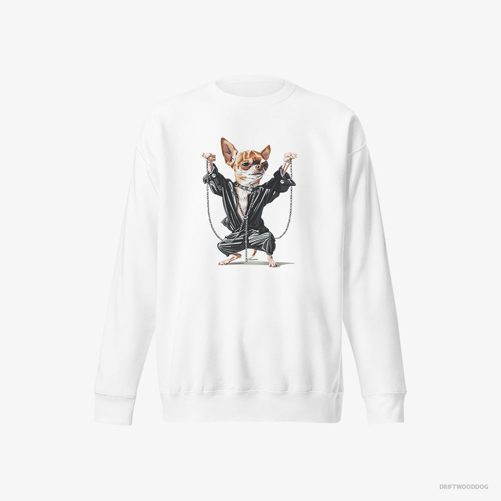 Chihuahua Sweatshirt – Men White Sweatshirt Eco-Friendly – in a Techno Frenzy (on White Background)