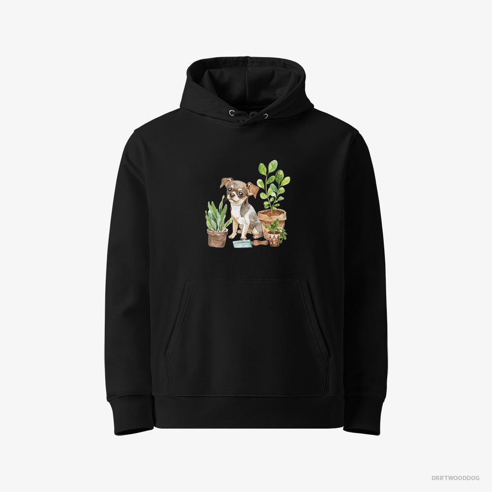 Chihuahua Hoodie – Women Black Hoodie Eco-Friendly – Gardening with Care (on White Background)