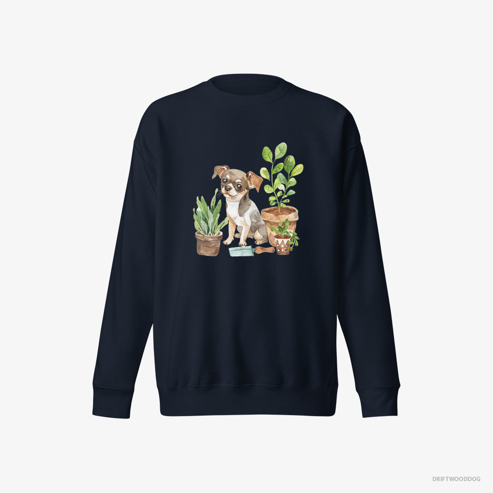 Chihuahua Sweatshirt – Women Navy Sweatshirt Eco-Friendly – Gardening with Care (on White Background)