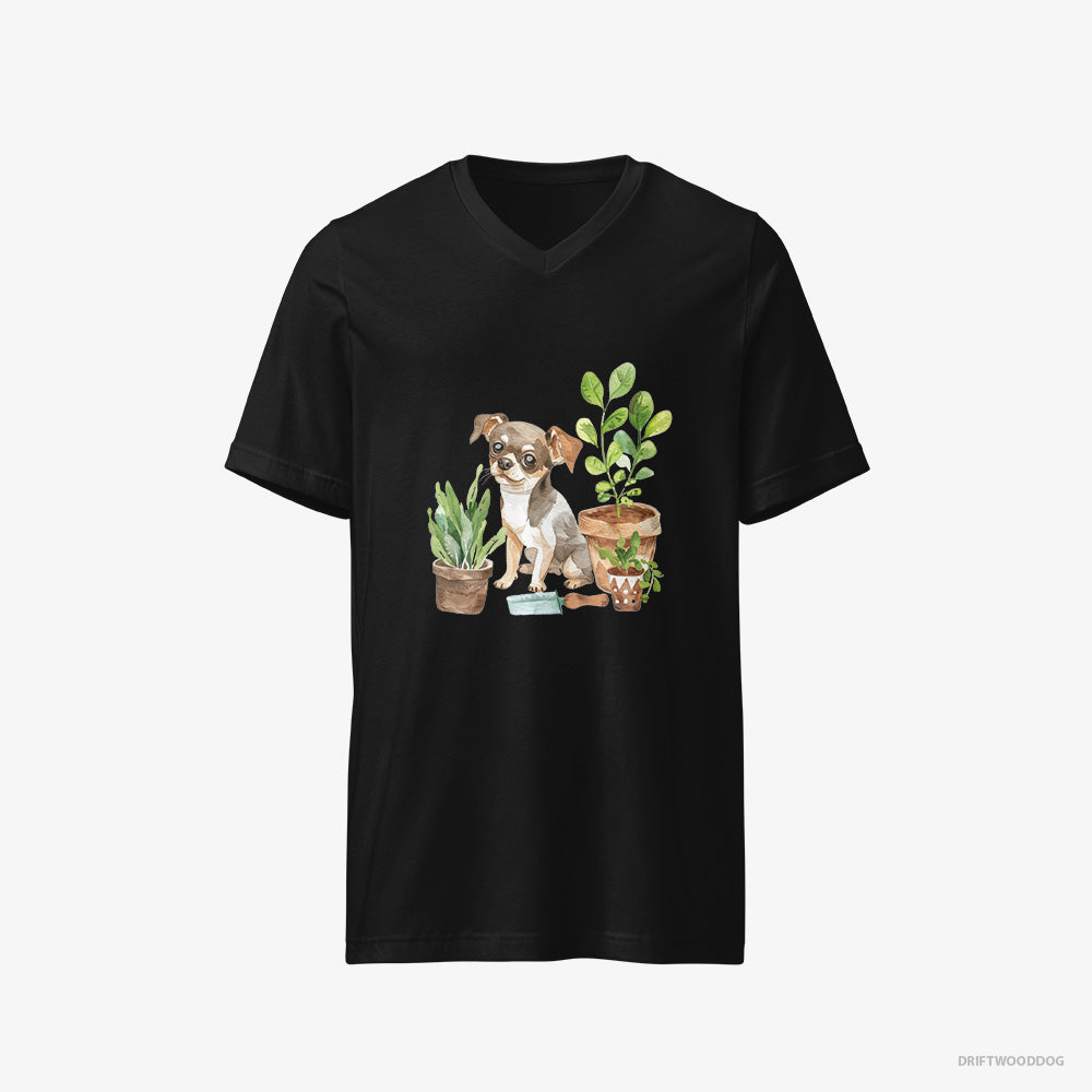 Chihuahua T-Shirt – Men Black T-Shirt V-Neck – Gardening with Care (on White Background)