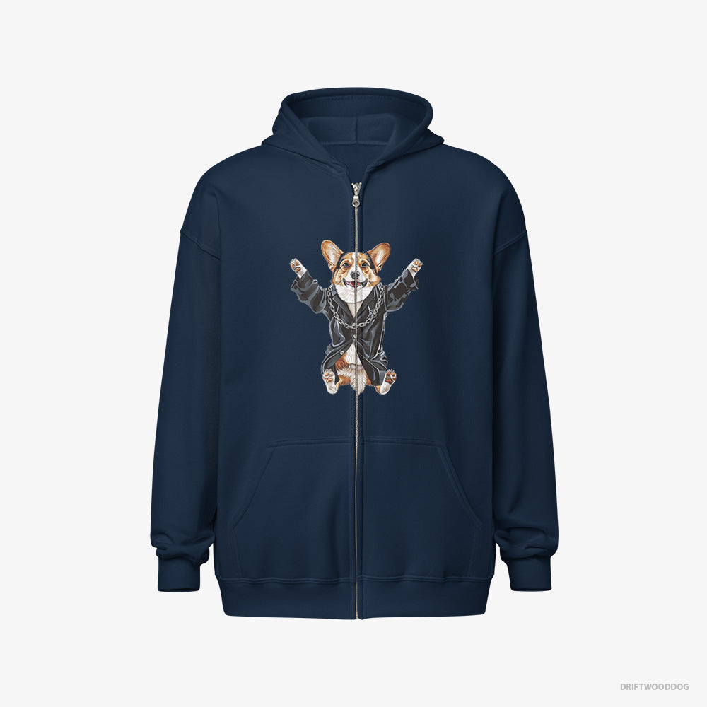 Corgi Hoodie – Women Navy Hoodie Full-Zip – Pulsing in Black (on White Background)