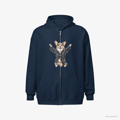 Corgi Hoodie – Women Navy Hoodie Full-Zip – Pulsing in Black (on White Background)