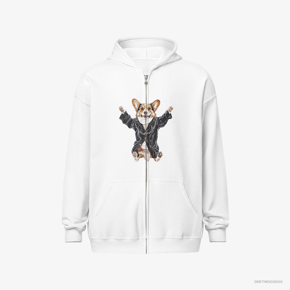 Corgi Hoodie – Women White Hoodie Full-Zip – Pulsing in Black (on White Background)