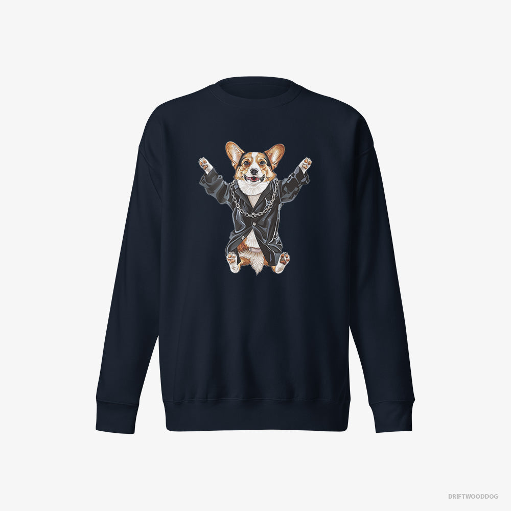 Corgi Sweatshirt – Men Navy Sweatshirt Eco-Friendly – Pulsing in Black (on White Background)