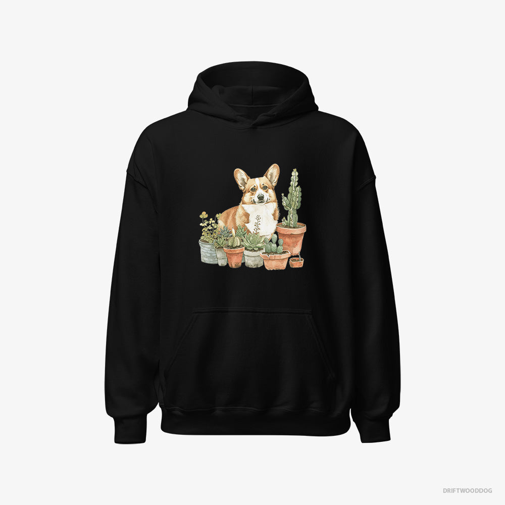 Corgi Hoodie – Men Black Hoodie Classic – Admiring the Garden (on White Background)