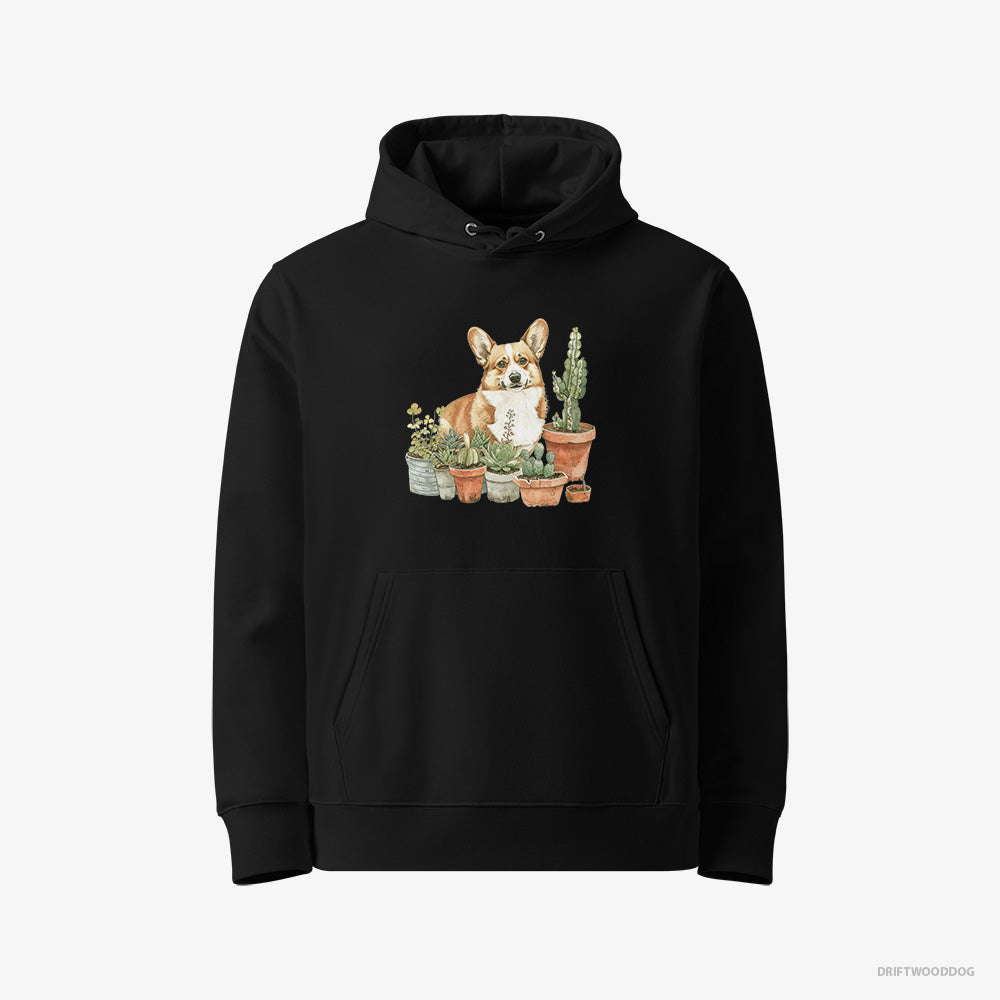 Corgi Hoodie – Women Black Hoodie Eco-Friendly – Admiring the Garden (on White Background)