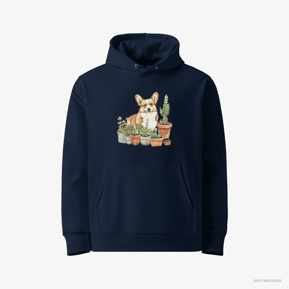 Corgi Hoodie – Men Navy Hoodie Eco-Friendly – Admiring the Garden (on White Background)