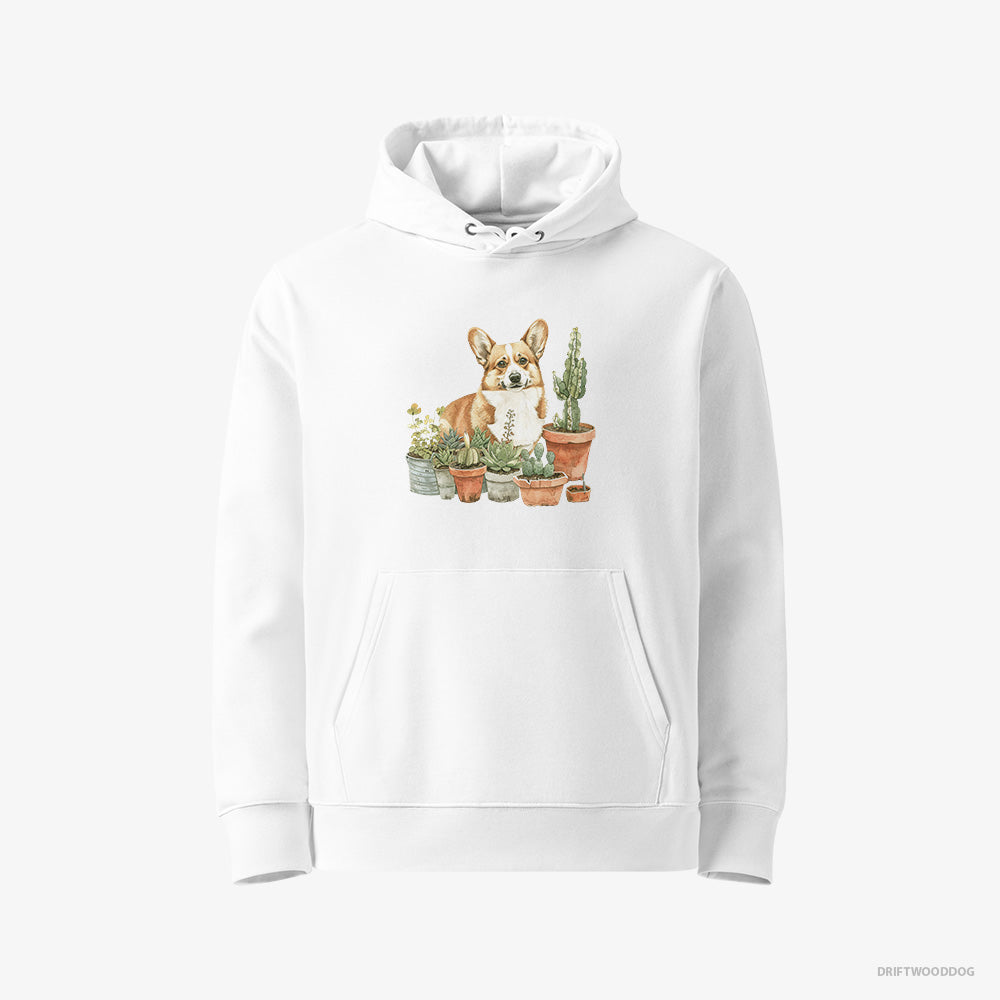 Corgi Hoodie – Men White Hoodie Eco-Friendly – Admiring the Garden (on White Background)