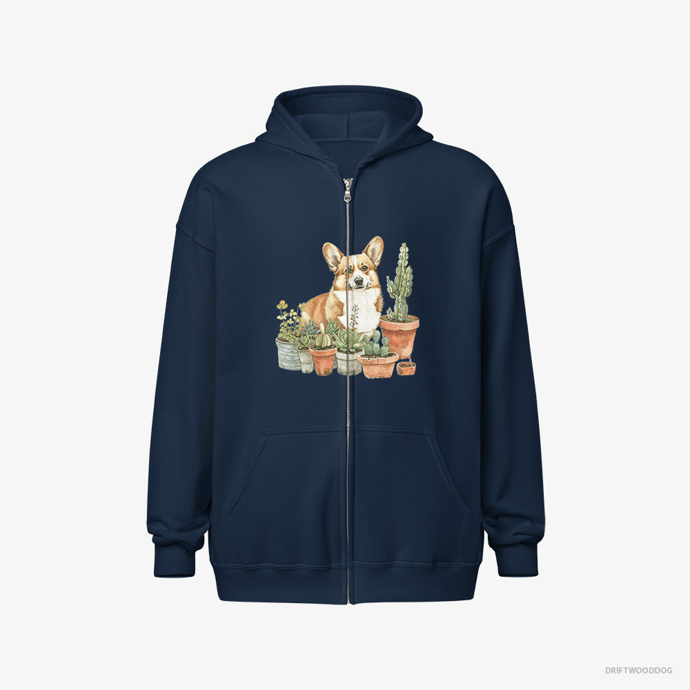 Corgi Hoodie – Women Navy Hoodie Full-Zip – Admiring the Garden (on White Background)