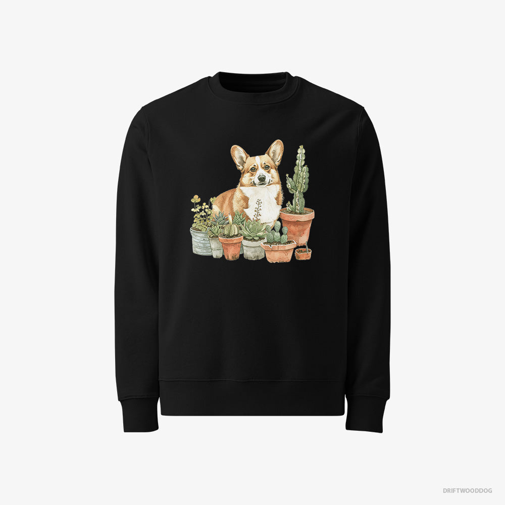 Corgi Sweatshirt – Men Black Sweatshirt Classic – Admiring the Garden (on White Background)