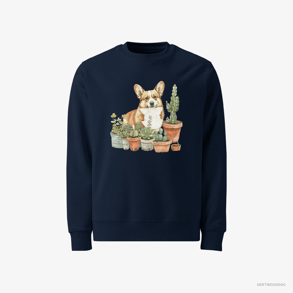 Corgi Sweatshirt – Men Navy Sweatshirt Classic – Admiring the Garden (on White Background)