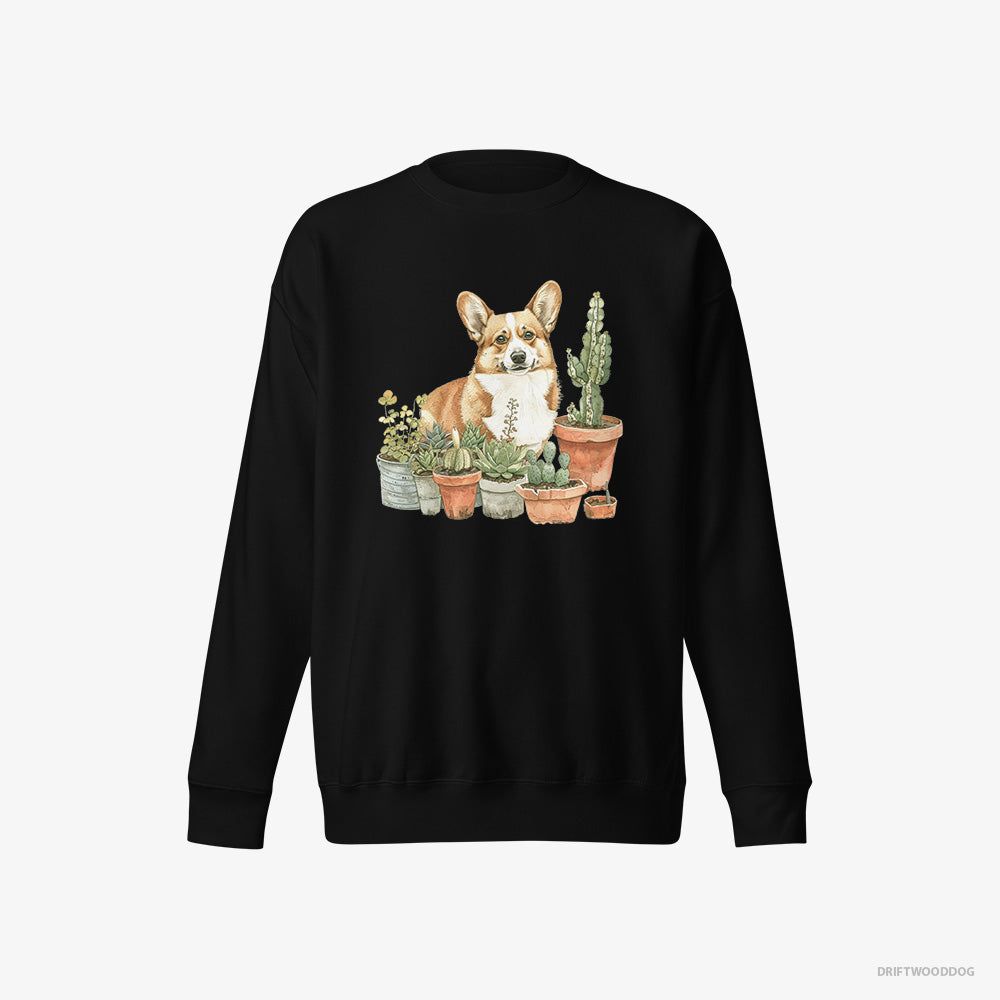 Corgi Sweatshirt – Women Black Sweatshirt Eco-Friendly – Admiring the Garden (on White Background)