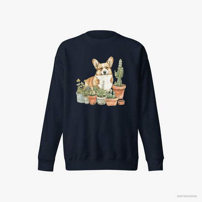 Corgi Sweatshirt – Men Navy Sweatshirt Eco-Friendly – Admiring the Garden (on White Background)