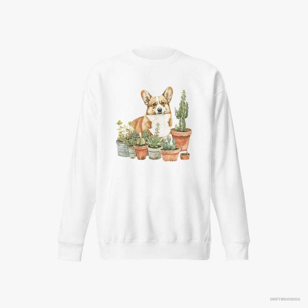 Corgi Sweatshirt – Men White Sweatshirt Eco-Friendly – Admiring the Garden (on White Background)