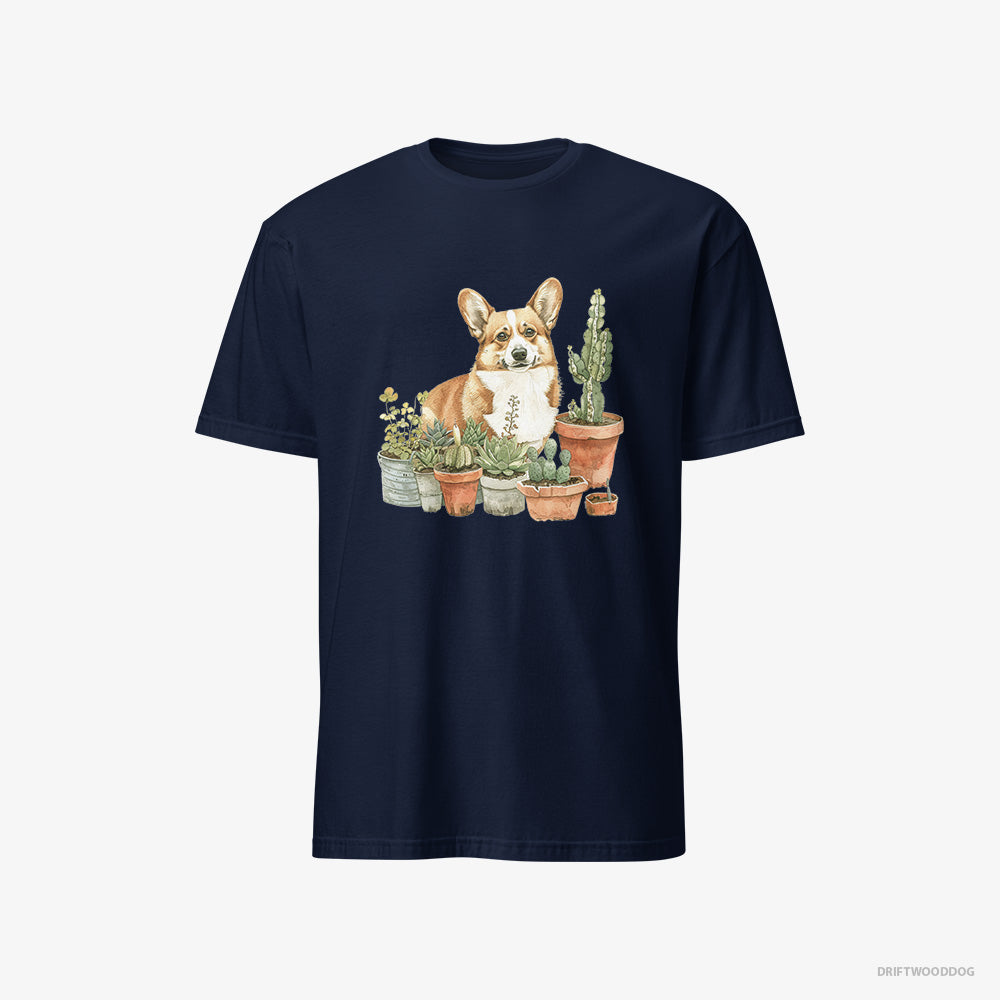 Corgi T-Shirt – Men Navy T-Shirt Classic – Admiring the Garden (on White Background)