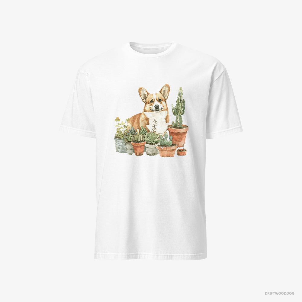 Corgi T-Shirt – Men White T-Shirt Classic – Admiring the Garden (on White Background)