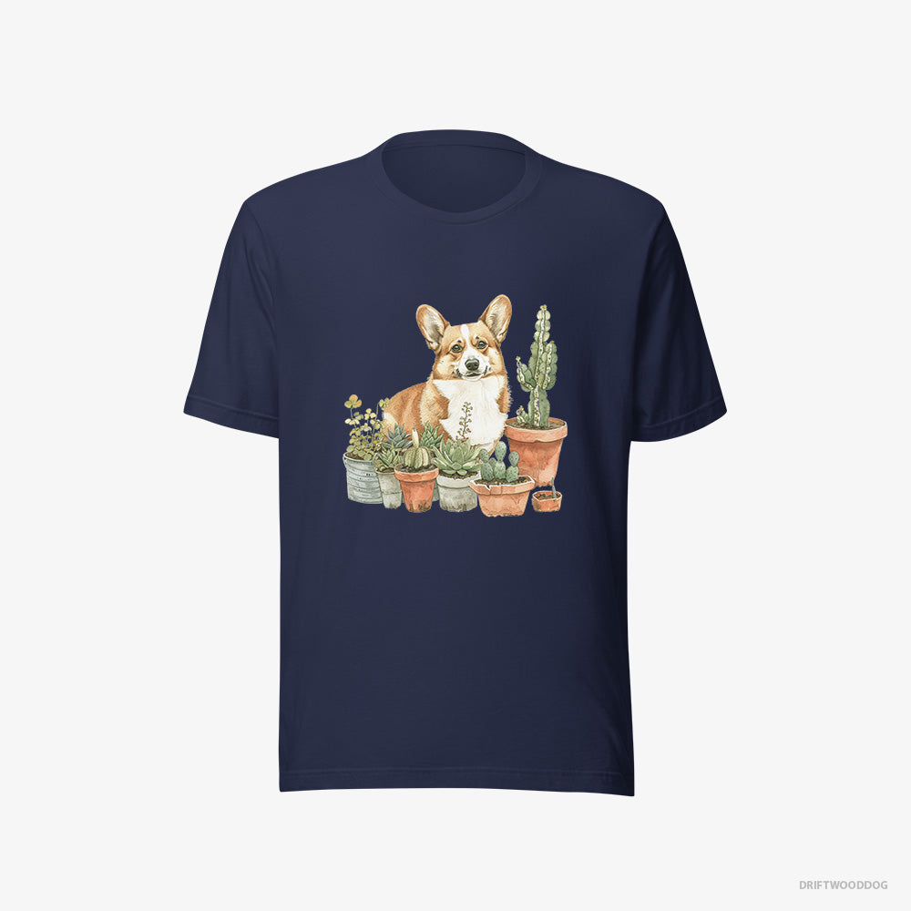 Corgi T-Shirt – Women Navy T-Shirt Eco-Friendly – Admiring the Garden (on White Background)