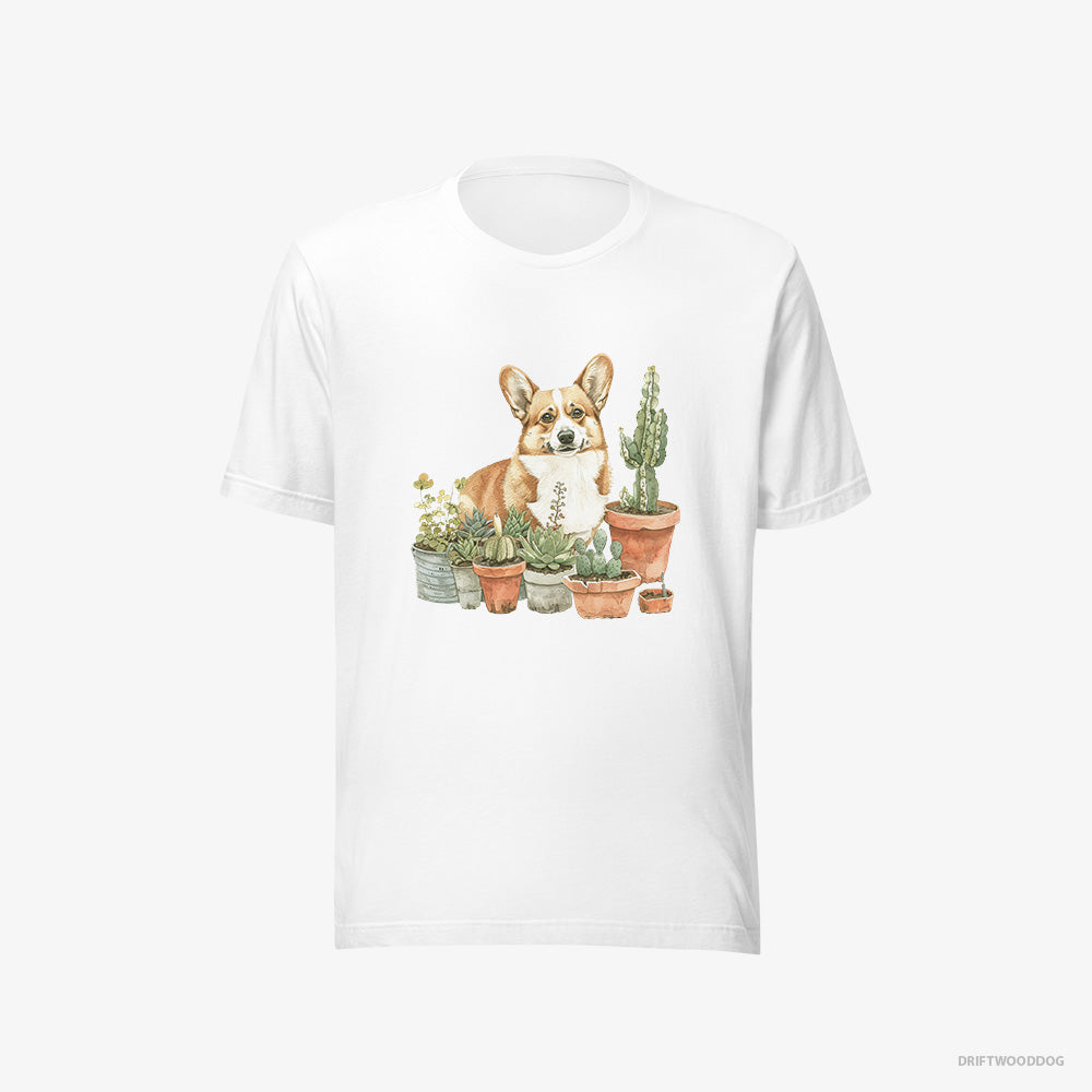 Corgi T-Shirt – Men White T-Shirt Eco-Friendly – Admiring the Garden (on White Background)