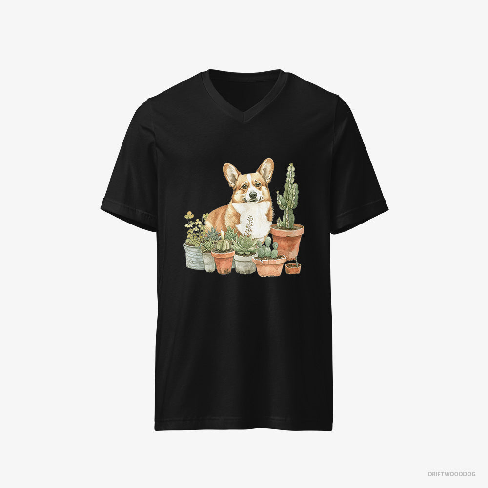 Corgi T-Shirt – Men Black T-Shirt V-Neck – Admiring the Garden (on White Background)