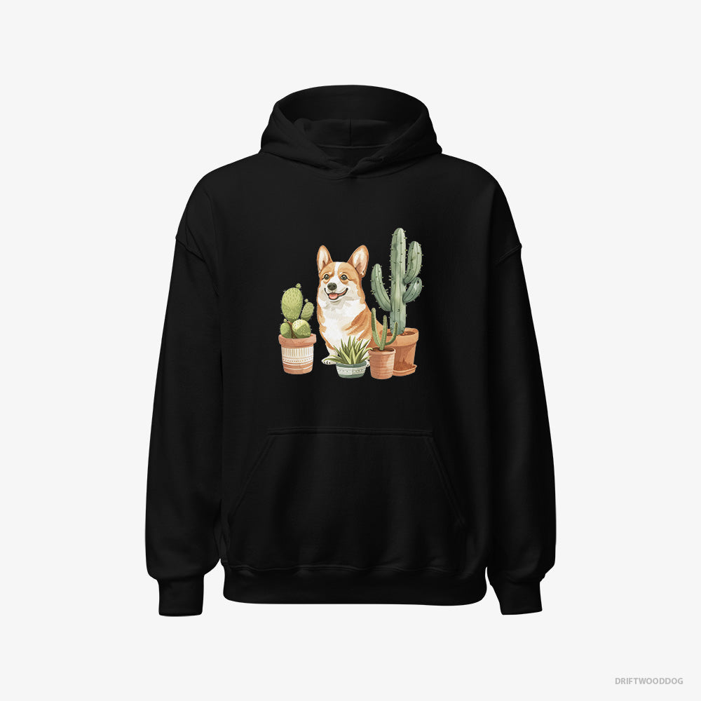 Corgi Hoodie – Men Black Hoodie Classic – Sitting Among the Greenery (on White Background)